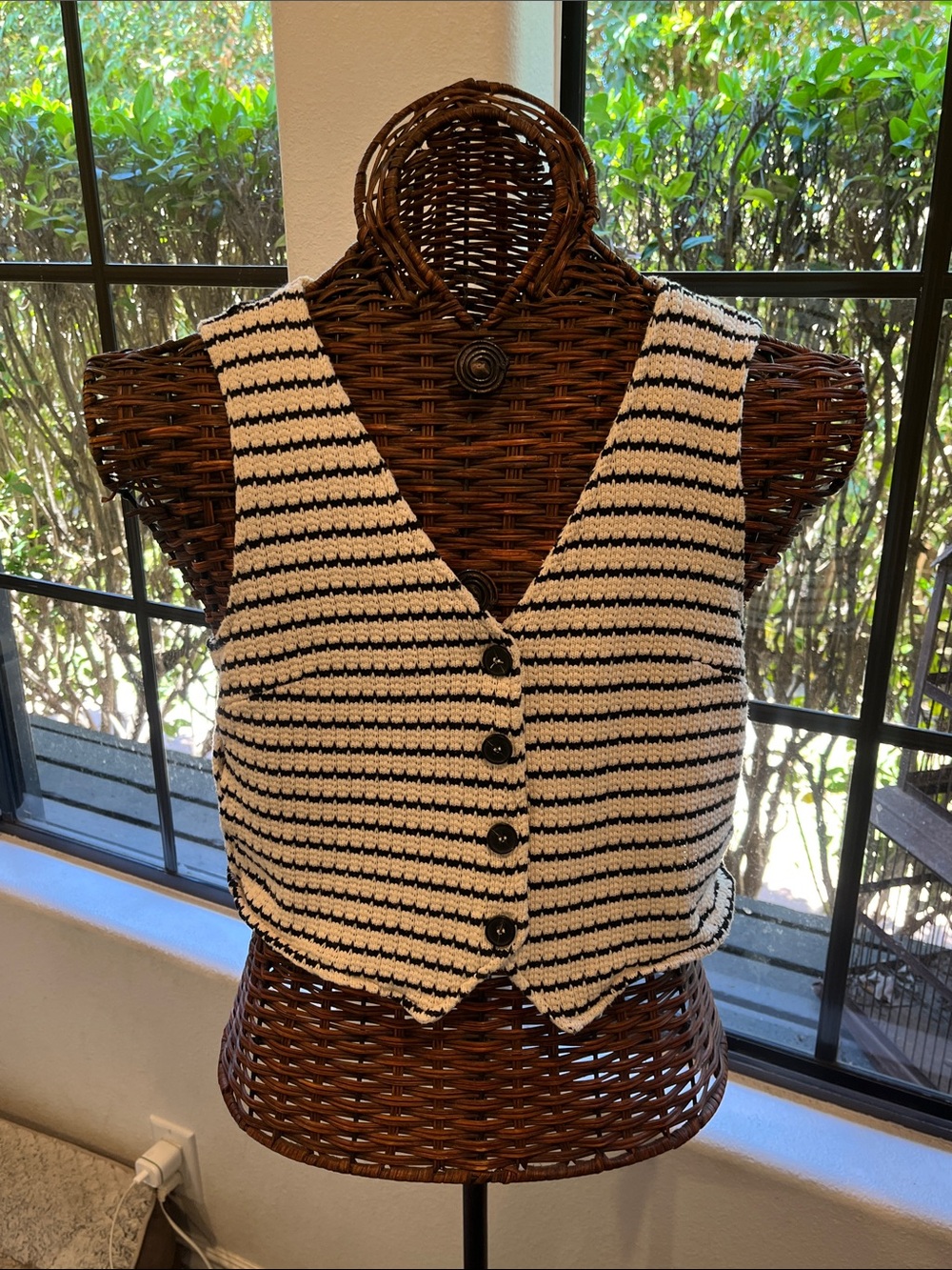 Mango Black and ivory Striped Crochet Vest